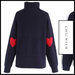 Chicwish Navy and Red Heart Turtleneck Sweater